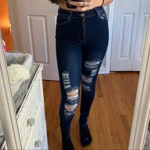 High waisted dark wash ripped skinny jeans